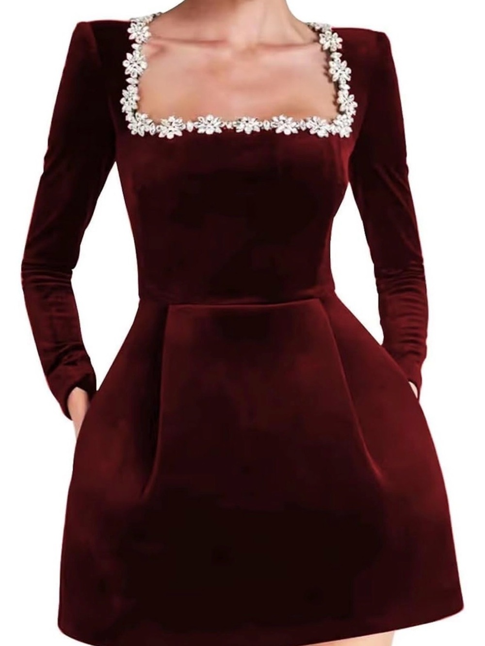 Amazon Red Velvet Mini Dress with Pearl Floral Neckline